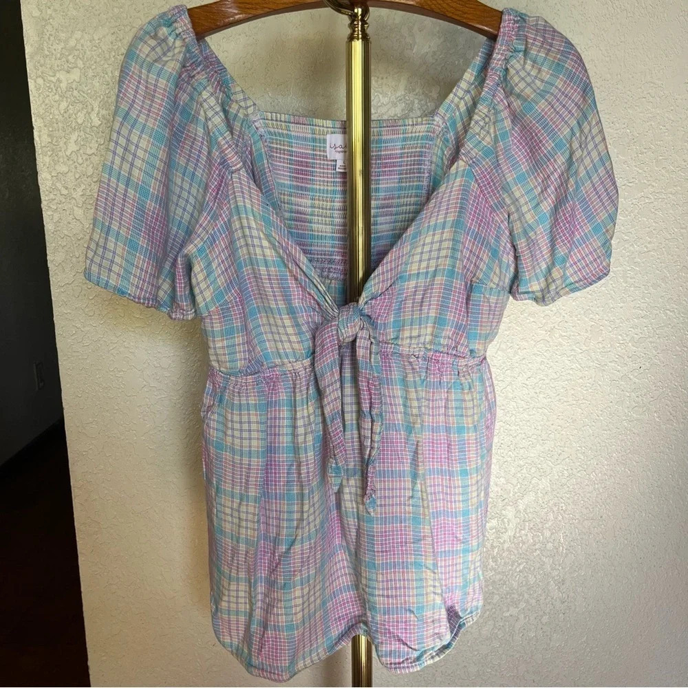 ISABEL ~ Maternity Colorful Plaid Top with Center Tie - Picture 2 of 9